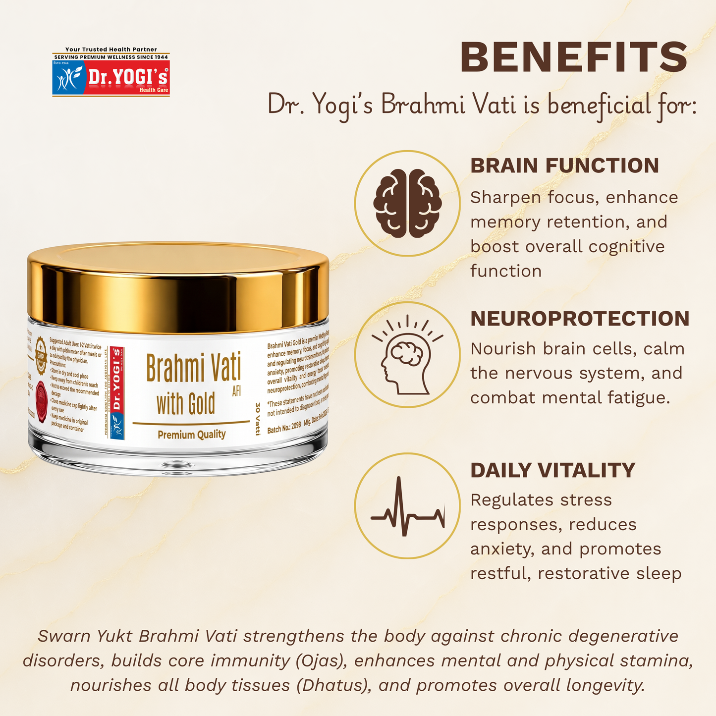 Dr. Yogi's Brahmi Vati with Gold (30 Vati) | Premium Brain Tonic for Focus