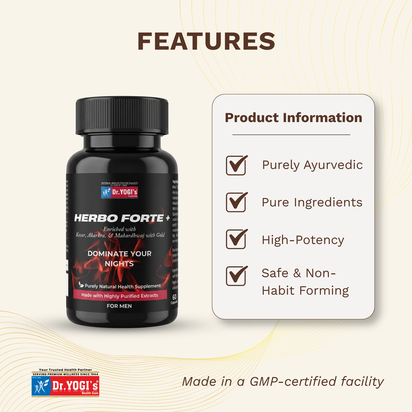 Dr. Yogi's Herbo Forte Plus with Gold (60 Caps) | Premium Male Vitality Complex